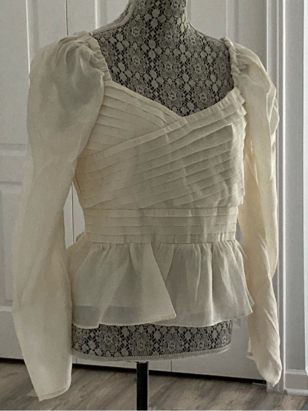 Endless Rose Cream Pintuck Peplum Feminine Blouse - Long Puff Sleeves
